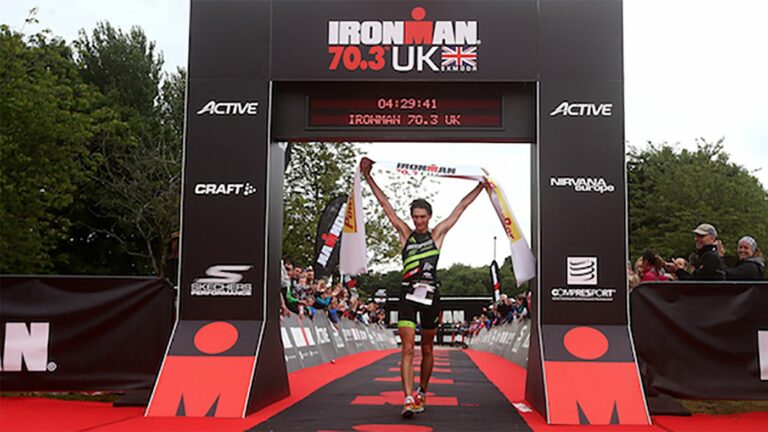 Andrew Greenleaf crossing the line at Ironman 70.3