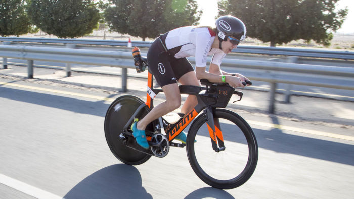 Kimberley Morrison on the bike at IRONMAN 70.3 Dubai 2017. Picture credit to Johan Badenhorst