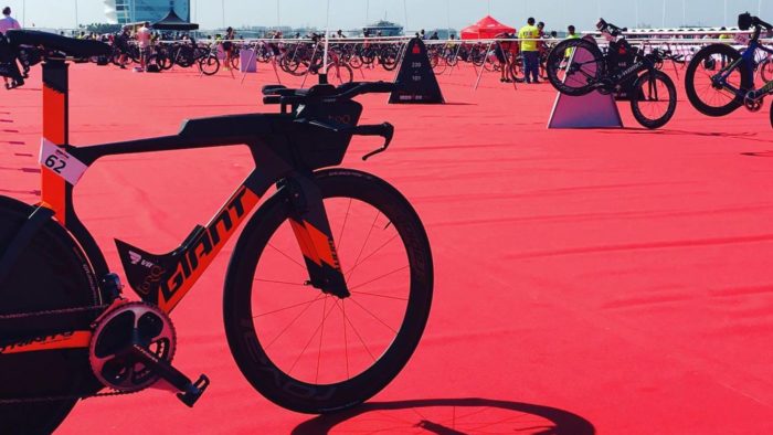 Kimberley Morrison's Giant Trinity in the transition area at IRONMAN 70.3 Dubai