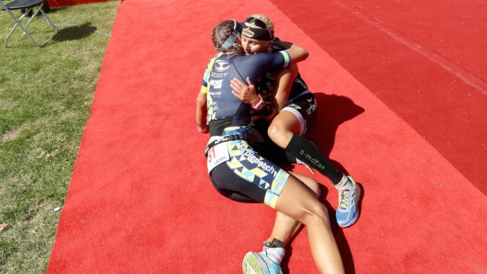 WANAKA, NEW ZEALAND - FEBRUARY 18: Laura Siddall of Great Britain and Yvonne van Vlerken of Austria embrace following the 2017 Challenge Wanaka on February 18, 2017 in Wanaka, New Zealand. (Photo by Phil Walter/Getty Images) *** Local Caption *** Laura Siddall; Yvonne van Vlerken