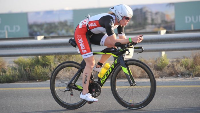 Kirsten Cameron on the bike at IRONMAN 70.3 Dubai - January 2017