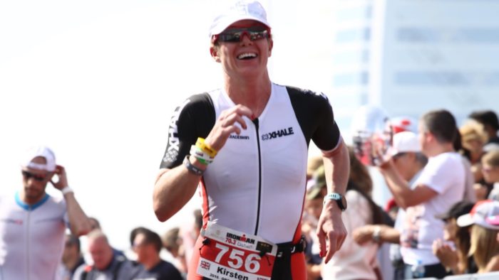 Kirsten Cameron at the finish of IRONMAN 70.3 Dubai - January 2017