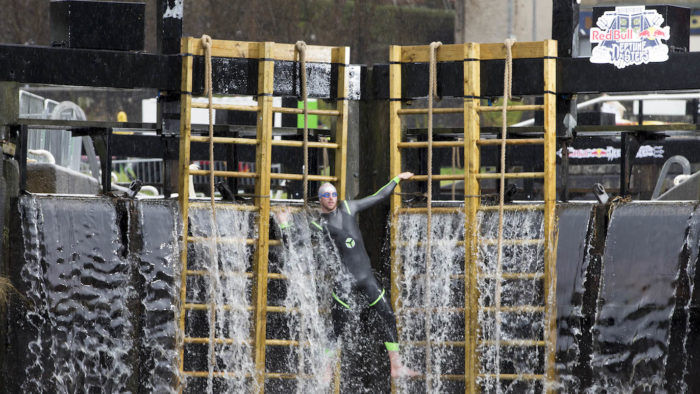 Gordon Benson gets a first look at the course ahead of competing in Red Bull Neptune Steps in Glasgow on March 17, 2017