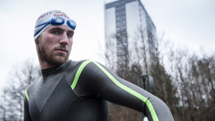 Gordon Benson gets a first look at the course ahead of competing in Red Bull Neptune Steps in Glasgow on March 17, 2017