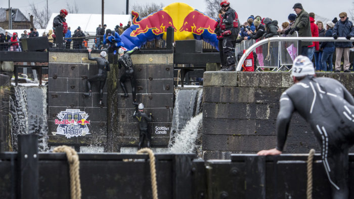 Athletes compete at the 3rd Red Bull Neptune Steps in Glasgow on March 18, 2017