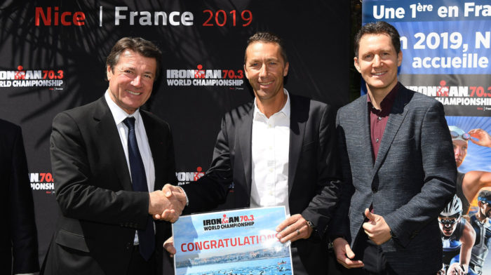 Christian Estrosi, Yves Cordier and Hans-Peter Zurbrugg pose for a photo after the press conference at Villa Massena on April 20, 2017 in Nice, France. (Photo by Valerio Pennicino/Getty Images for Ironman)