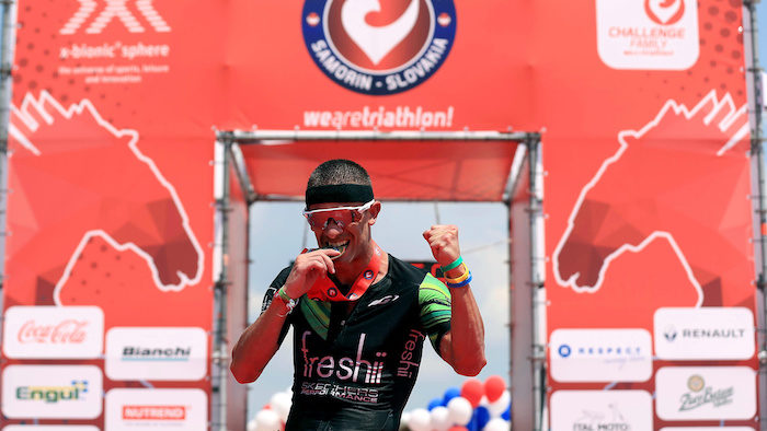 BRATISLAVA, SLOVAKIA - JUNE 3: Lionel Sanders of Canada celebrates winning The Championship Challenge Triathlon on June 3, 2017 in Bratislava, Slovakia. (Photo by Stephen Pond/Getty Images for Challenge Triathlon) *** Local Caption *** Lionel Sanders