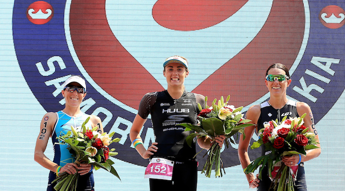 BRATISLAVA, SLOVAKIA - JUNE 3: Lucy Charles (C) of Great Britain celebrates winning with second place Annabel Luxford (L) of Australia and third place Heather Wurtele (R) of Canada The Championship Challenge Triathlon on June 3, 2017 in Bratislava, Slovakia. (Photo by Stephen Pond/Getty Images for Challenge Triathlon) *** Local Caption *** Lucy Charles; Annabel Luxford; Heather Wurtele