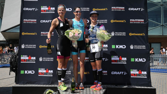 HELSINGOR, DENMARK - JUNE 18: Annabel Luxford (C) of Australia (1st), Helle Frederiksen (L) of Denmark (2nd), Sali Kaisa of Finland (3rd) on the podium of the KMD IRONMAN 70.3 European Championship Elsinore on June 18, 2017 in Helsingor, Denmark. (Photo by Nigel Roddis/Getty Images for Ironman)