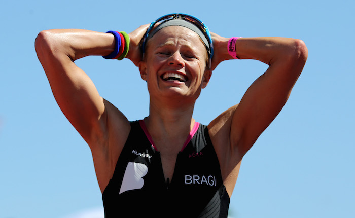 HELSINGOR, DENMARK - JUNE 18: Helle Frederiksen of Denmark reacts after finishing second at KMD IRONMAN 70.3 European Championship Elsinore on June 18, 2017 in Helsingor, Denmark. (Photo by Nigel Roddis/Getty Images for Ironman)