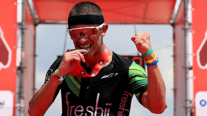 BRATISLAVA, SLOVAKIA - JUNE 3: Lionel Sanders of Canada celebrates winning The Championship Challenge Triathlon on June 3, 2017 in Bratislava, Slovakia. (Photo by Stephen Pond/Getty Images for Challenge Triathlon) *** Local Caption *** Lionel Sanders