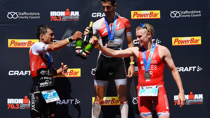 STAFFORD, ENGLAND - JUNE 18: Romain Guillaume of France, Guilio Molinari of Italy and Elliot Smales of Great Britain on the podium in the IRONMAN 70.3 Staffordshire on June 18, 2017 in Stafford, England. (Photo by Patrik Lundin/Getty Images)