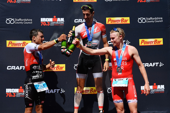 STAFFORD, ENGLAND - JUNE 18: Romain Guillaume of France, Guilio Molinari of Italy and Elliot Smales of Great Britain on the podium in the IRONMAN 70.3 Staffordshire on June 18, 2017 in Stafford, England. (Photo by Patrik Lundin/Getty Images)