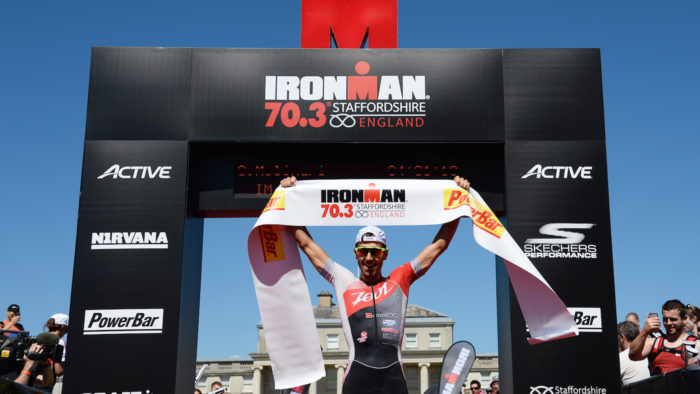 STAFFORD, ENGLAND - JUNE 18: Guilio Molinari of Italy celebrate winning in the IRONMAN 70.3 Staffordshire on June 18, 2017 in Stafford, England. (Photo by Patrik Lundin/Getty Images)