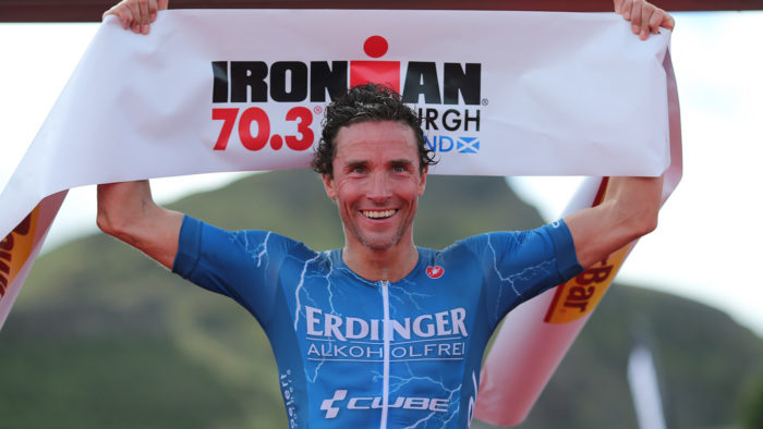 EDINBURGH, SCOTLAND - JULY 02: Andreas Raelert of Germany celebrates winning Ironman 70.3 Edinburgh on July 2, 2017 in Edinburgh, Scotland. (Photo by Nigel Roddis/Getty Images For Ironman )