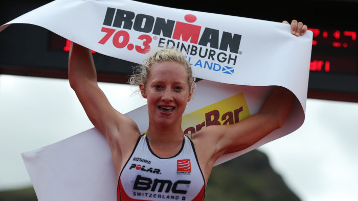 EDINBURGH, SCOTLAND - JULY 02: Emma Pallant of Britain celebrates winning the womens race at Ironman 70.3 Edinburgh on July 2, 2017 in Edinburgh, Scotland. (Photo by Nigel Roddis/Getty Images For Ironman )