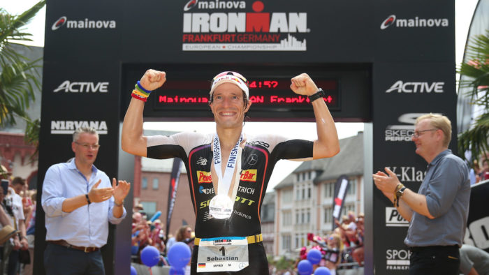 FRANKFURT AM MAIN, GERMANY - JULY 09: Sebastian Kienle of Germany celebrates after winning the Ironman European Championships on July 9, 2017 in Frankfurt am Main, Germany. (Photo by Joern Pollex/Getty Images for Ironman)