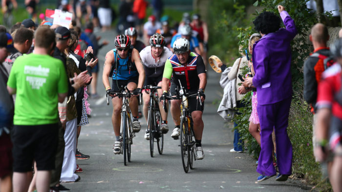 BOLTON, ENGLAND - JULY 17: Participants compete in the cycle leg of the race during the Ironman UK on July 17, 2016 in Bolton, England. (Photo by Charlie Crowhurst/Getty Images)