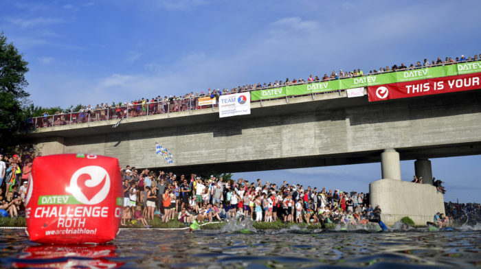 ROTH, GERMANY - JULY 09: Athletes swim in the Main-Donau-Kanal during the DATEV Challenge Roth 2017 on July 9, 2017 in Roth, Germany. 5000 athletes are competing in todays race and 260,000 spectators watching the challenge. (Photo by Alexander Koerner/Getty Images)