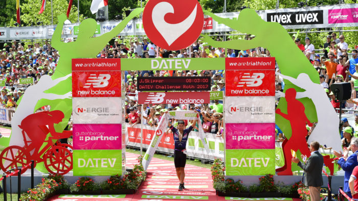 ROTH, GERMANY - JULY 09: Joe Skipper of Great Britain celebrates his second place of the DATEV Challenge Roth 2017 on July 9, 2017 in Roth, Germany. 5000 athletes compete in todays race and 260.000 spectators watched the challenge. (Photo by Alexander Koerner/Getty Images)