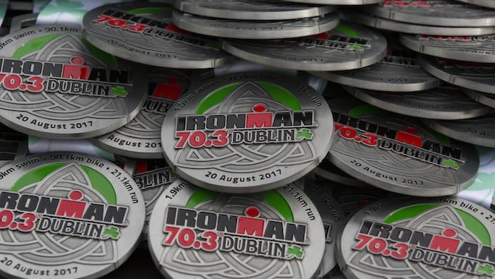 DUBLIN, IRELAND - AUGUST 20: Medals lay on a table at finish line during the IRONMAN 70.3 Dublin on August 20, 2017 in Dublin, Ireland. (Photo by Pablo Blazquez Dominguez/Getty Images for IRONMAN)