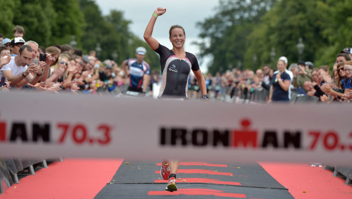 DUBLIN, IRELAND - AUGUST 9: Susie Cheetham of United Kingdom wins the womens event during the Ironman triathlon event on August 9, 2015 in Dublin, Ireland. More than 2,500 athletes swim, cycle and run through Dublin city and county on as part of the Ironman 70.3 triathlon. The course involves a 1.9km swim at Scotsman’s Bay in Dun Laoghaire, followed by a 90km cycle which goes through Dublin city centre with the race concluding at Phoenix Park with a 21km half marathon. (Photo by Charles McQuillan/Getty Images)