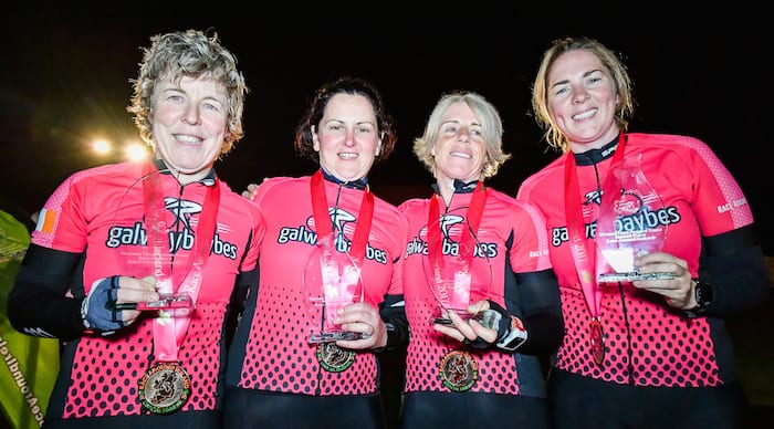 L-R Irish Record Holders Karen Cassidy Brid Naughton Marie Boyle and Joanne Murphy after crossing the finishline of Race Around Ireland Photo Credit Michal Dzikowski