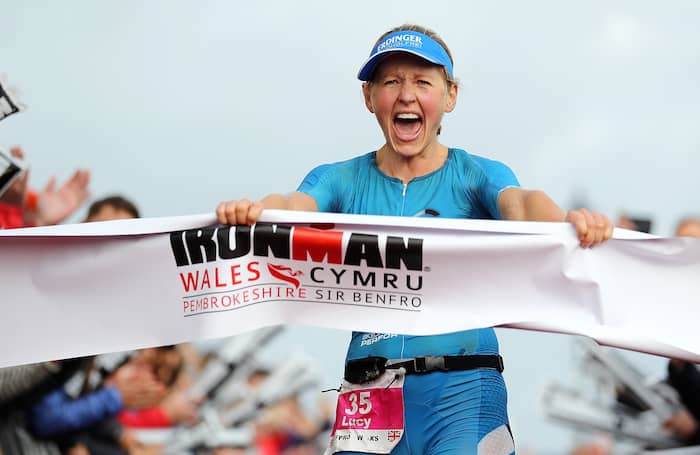 TENBY, WALES - SEPTEMBER 10: Lucy Gossage of Great Britain celebrates winning IRONMAN Wales on September 10, 2017 in Tenby, Wales. (Photo by Bryn Lennon/Getty Images for IRONMAN)