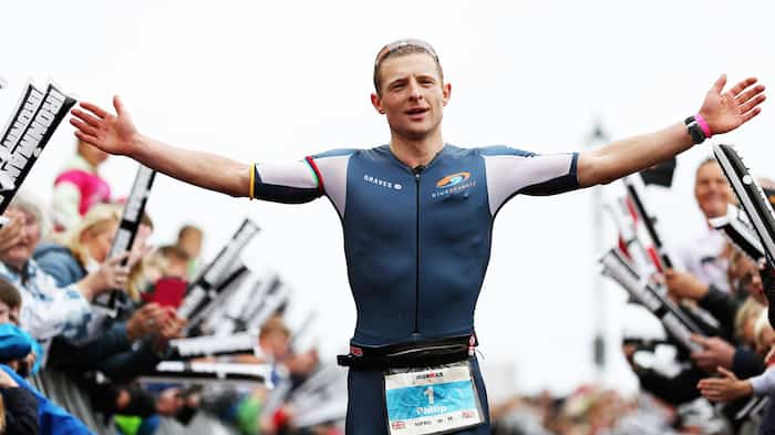 TENBY, WALES - SEPTEMBER 10: Philip Graves of Great Britain celebrates finishing second in IRONMAN Wales on September 10, 2017 in Tenby, Wales. (Photo by Bryn Lennon/Getty Images for IRONMAN)