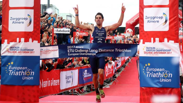 ALMERE, NETHERLANDS - SEPTEMBER 08: Joe Skipper of Great Britain celebrates as he wins the means race during Challenge Almere-Amsterdam on September 8, 2017 in Almere, Netherlands. (Photo by Charlie Crowhurst/Getty Images)