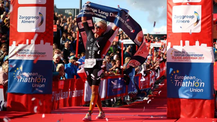 ALMERE, NETHERLANDS - SEPTEMBER 08: Yvonne van Vlerken of Holland celebrates after winning the women race during Challenge Almere-Amsterdam on September 8, 2017 in Almere, Netherlands. (Photo by Charlie Crowhurst/Getty Images)