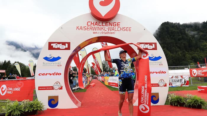 WALCHSEE, AUSTRIA - SEPTEMBER 03: Laura Siddall of Great Britain celebrates winning the Challenge Walchsee-Kaiserwinkl Triathlon on September 3, 2017 in Walchsee, Austria. (Photo by Stephen Pond/Getty Images) *** Local Caption *** Laura Siddall