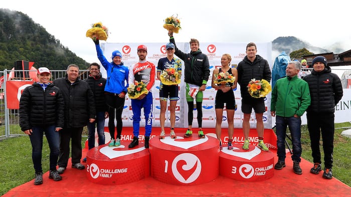 WALCHSEE, AUSTRIA - SEPTEMBER 03: Podium finishers pose for a photograph after the Challenge Walchsee-Kaiserwinkl Triathlon on September 3, 2017 in Walchsee, Austria. (Photo by Stephen Pond/Getty Images)