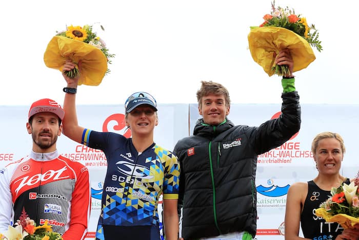 WALCHSEE, AUSTRIA - SEPTEMBER 03: Winners Thomas Steger of Austria and Laura Siddall of Great Britain pose on the podium after the Challenge Walchsee-Kaiserwinkl Triathlon on September 3, 2017 in Walchsee, Austria. (Photo by Stephen Pond/Getty Images) *** Local Caption *** Thomas Steger; Laura Siddall