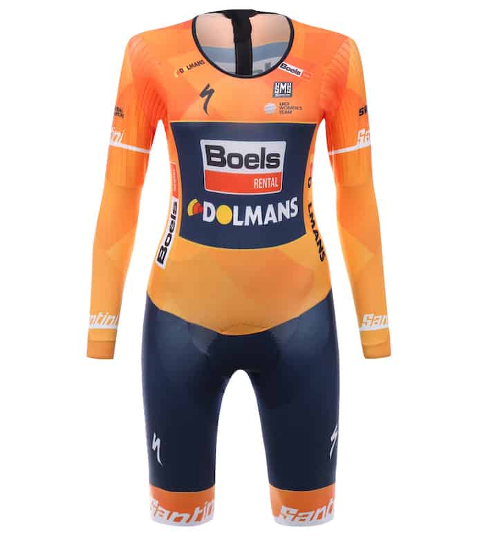 Santini Boels Dolmans TT speedsuit - Developed from the winning technology of Cycling Australia, the Boels-Dolmans speedsuit was created through careful collaboration with each of the riders to ensure the needs of the entire team were met. In addition to adhering the body like a second skin for maximum aerodynamic effect, the speedsuit was designed for the contours of the female anatomy.
