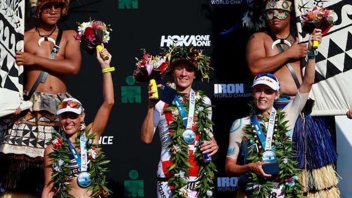 KAILUA KONA, HI - OCTOBER 14: Daniela Ryf of Switzerland celebrates on the podium after winning the IRONMAN World Championship alongside (L) Sarah Crowley of Australia who finished third and (R) Lucy Charles of Great Britain who finished second on October 14, 2017 in Kailua Kona, Hawaii. (Photo by Tom Pennington/Getty Images for IRONMAN)