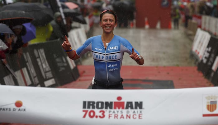 AIX-EN-PROVENCE, FRANCE - MAY 13: Athlete Fenella Langridge of Great Britain crosses the finish line on third position of the Women's race during Ironman 70.3 - Pays d'Aix on May 13, 2018 in Aix-en-Provence, France. (Photo by Pablo Blazquez Dominguez/Getty Images for IRONMAN)