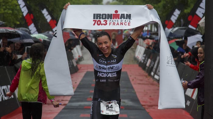 AIX-EN-PROVENCE, FRANCE - MAY 13: Athlete Manon Genet of France celebrates winning the Women's race during Ironman 70.3 - Pays d'Aix on May 13, 2018 in Aix-en-Provence, France. (Photo by Pablo Blazquez Dominguez/Getty Images for IRONMAN)