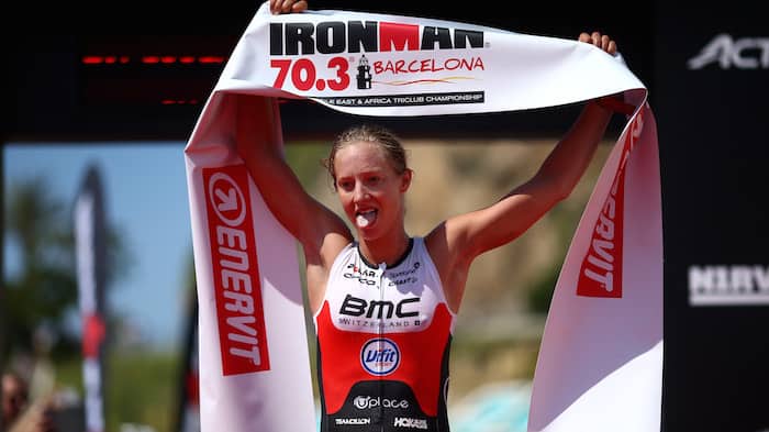 BARCELONA, SPAIN - MAY 20: Emma Pallant of Great Britain celebrates after winning the womens race during IRONMAN 70.3 Barcelona on May 20, 2018 in Barcelona, Spain. (Photo by Charlie Crowhurst/Getty Images for IRONMAN)