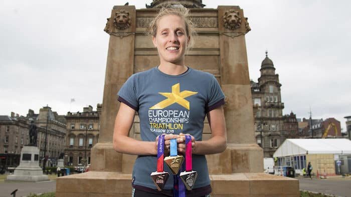 13/06/18 GEORGE SQUARE - GLASGOW The Glasgow 2018 '50 Days to Go' event at George Square. Triathlete Jess Learmonth holds the Championship medals.