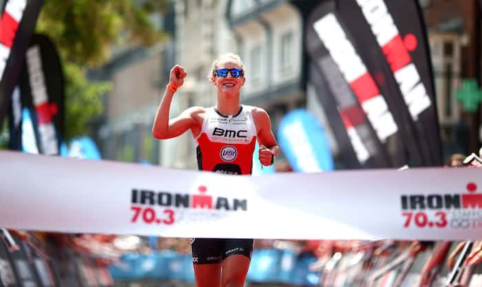 LICHFIELD, ENGLAND - JUNE 10: Emma Pallant of Great Britain celebrates as she wins the womens pro race during the IRONMAN 70.3 Staffordshire on June 10, 2018 in Lichfield, England. (Photo by Charlie Crowhurst/Getty Images for IRONMAN)