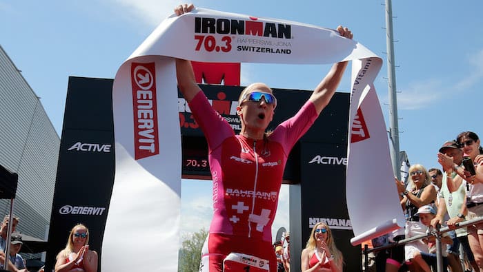 JONA, SWITZERLAND - JUNE 10: Daniela Ryf of Switzerland celebrates winning the Women's race at IRONMAN 70.3 Switzerland Rapperswil-Jona on June 10, 2018 in Jona, Switzerland. (Photo by Nigel Roddis/Getty Images for IRONMAN)