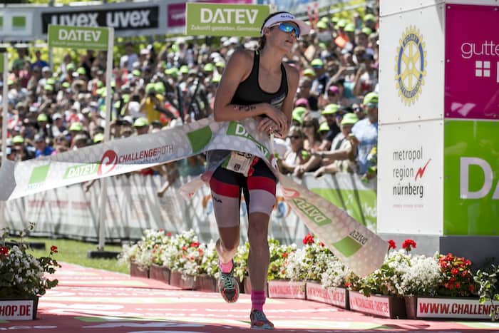 ROTH, GERMANY - JULY 01: Lucy Charles of Great Britain reacts after winning the second place of the DATEV Challenge Roth 2018 on July 1, 2018 in Roth, Germany. (Photo by Jan Hetfleisch/Getty Images)