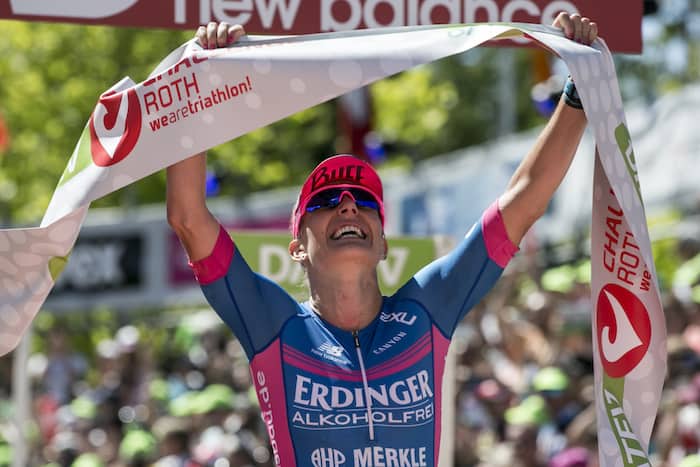ROTH, GERMANY - JULY 01: Daniela Saemmler of Germany reacts after winning the DATEV Challenge Roth 2018 on July 1, 2018 in Roth, Germany. (Photo by Jan Hetfleisch/Getty Images)