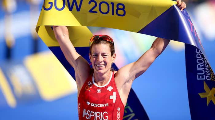 GLASGOW, SCOTLAND - AUGUST 09: Nicola Spirig of Switzerland celebrates winning gold in the women's triathlon on Day eight of the European Championships Glasgow 2018 at Strathclyde Country Park on August 9, 2018 in Glasgow, Scotland. This event forms part of the first multi-sport European Championships. (Photo by Jack Thomas/Getty Images)