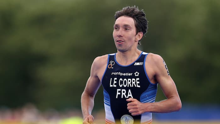 GLASGOW, SCOTLAND - AUGUST 10: Pierre Le Corre of France races to the finish line where he wins Gold in the Men's Triathlon Final on Day Nine of the European Championships Glasgow 2018 at Strathclyde Country Park on August 10, 2018 in Glasgow, Scotland. This event forms part of the first multi-sport European Championships. (Photo by Ian MacNicol/Getty Images)