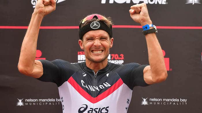 PORT ELIZABETH - SEPTEMBER 2: Jan Frodeno of Germany wins the the Isuzu IRONMAN 70.3 World Championship Men in Port Elizabeth, South Africa on September 2, 2018. Over 4,500 athletes from over 100 countries will be represented in this years 70.3 World Championship. (Photo by Donald Miralle/Getty Images for IRONMAN).