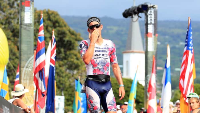 KAILUA KONA, HAWAII - OCTOBER 12: Joe Skipper of Great Britain celebrates after finishing the Ironman World Championships on October 12, 2019 in Kailua Kona, Hawaii. (Photo by Tom Pennington/Getty Images for IRONMAN)