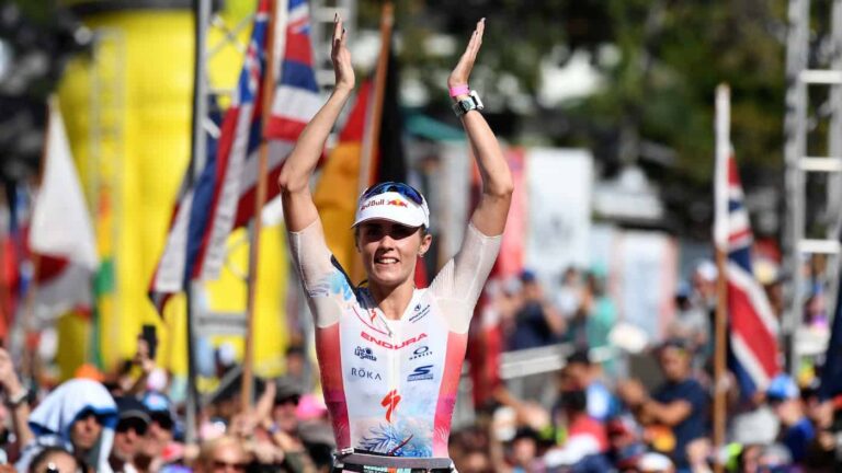 KAILUA KONA, HI - OCTOBER 13: Lucy Charles of Great Britain celebrates after finishing second with a time of 8:36:32 during the IRONMAN World Championships brought to you by Amazon on October 13, 2018 in Kailua Kona, Hawaii. (Photo by Nils Nilsen/Getty Images for IRONMAN)