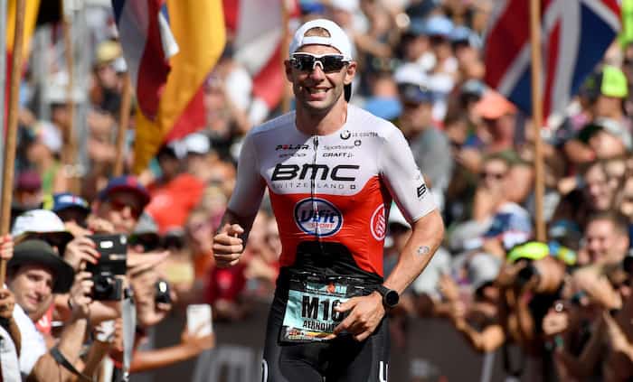 KAILUA KONA, HI - OCTOBER 13: Bart Aernouts of Belgium celebrates after finishing second with a time of 7:56:41 during the IRONMAN World Championships brought to you by Amazon on October 13, 2018 in Kailua Kona, Hawaii. (Photo by Nils Nilsen/Getty Images for IRONMAN)